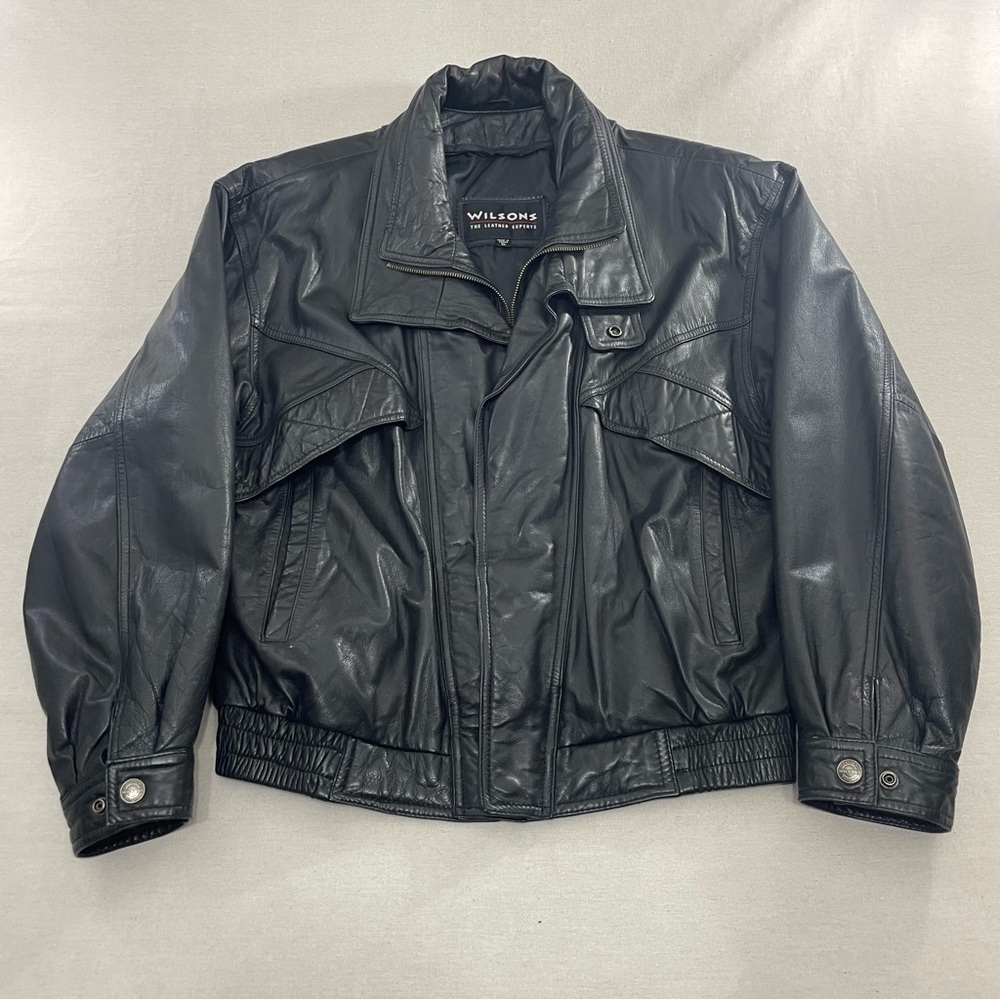 Wilsons Leather Motorcycle Jacket Vintage Black Leather Biker Bomber Jacket XL